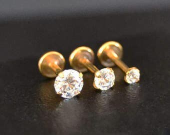 18 gauge SHORT GOLD Labret, Flat Back 18g Short 6mm Post, 2mm 3mm 4mm CZ Helix Earring Conch Monroe Internally Threaded 316L Surgical Steel