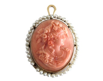 Victorian Natural Coral Cameo Brooch/Pendant in 14K gold.