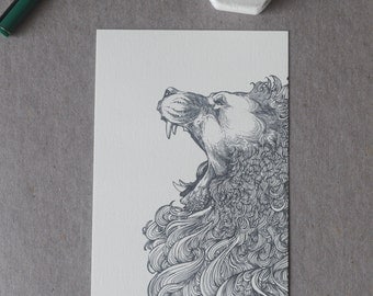 Lion Drawing, Lion Postcard, Lion Illustration, Roaring Lion Drawing, Lion Print, Detailed Lion, Lion Art, Illustration, A6 print