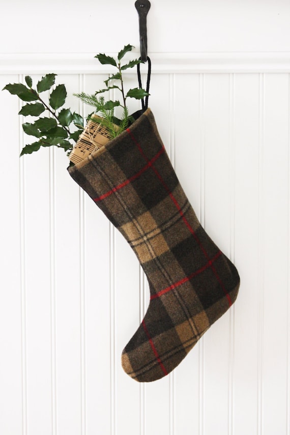 Brown Plaid Wool Christmas Stocking, Cocoa, Chocolate, Tartan, New England, Scottish, Holiday, Lumberjack, Woodsy, Mountains, Lodge, Preppy