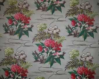 Vintage 1950's Tropical Barkcloth Drapery Panel - 1950's Tropical Floral Fabric - Cool 50's Barkcloth Drapery Panel - Flowers Grey Barkcloth