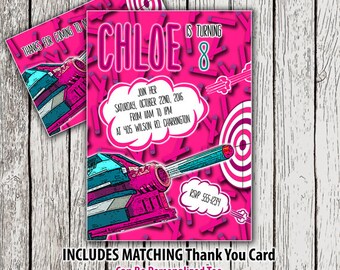 Girl Nerf Invitation, Nerf Party Invitation & Nerf Thank You Card, Printable Nerf Birthday Invitation, Nerf Gun Party, Nerf Party Printable