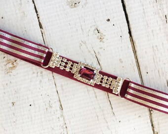 Girls Flapper Headband - Rhinestone Flower Girl Forehead Headband - Burgundy and Silver Forehead Head Band - Silver Stripe Hairband