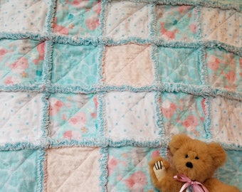 Aqua and peach flannel rag quilt lovey / security blanket