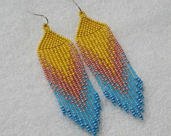 Long Indian style beads earrings , tribal style , boho style, Native American Beaded Earrings