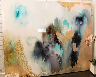 Sold! Abstract Painting Aqua, Green, Pastel, Ombre Glitter with Glass and Resin Coat 48" x 60" real gold leaf