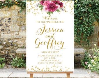 Printable Wedding Welcome Sign Choose a Seat Not a Side Burgundy Gold or Silver Confetti Digital Sign pdf jpg Burgundy Flowers The Tatiana