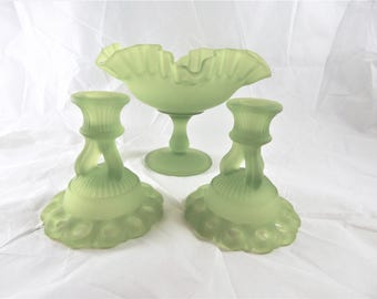 Westmoreland Glass Console Set Avocado Satin Green Glass