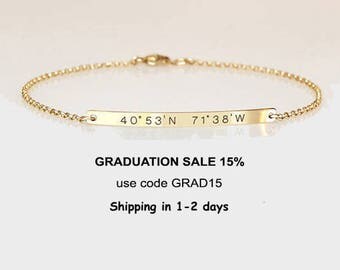 Graduation gift for her, Engraved bracelet with coordinates,Reversible bracelet, Location Longitude Latitude bracelet 2 sides engraved, GPS