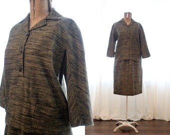 Dark marled wool blouse sweater top skirt set beige and black vintage 1960s 60s medallion brand casual suit