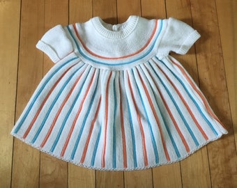 Vintage 1960s Baby Infant Girls White Stripe Knit Dress! Size 0-3 months