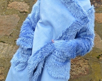 Light Blue Faux Sheepskin Coat / Extravagant Light Blue Coat / Asymmetrical Winter Coat / Light Blue Sheepskin Winter Coat TC78