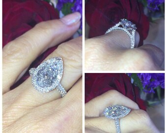 Supernova Moissanite & Diamond Engagement Ring 18k White Gold 12x8mm Pear Shaped Center 1.10ct Natural Diamond Halo Anniversary ring