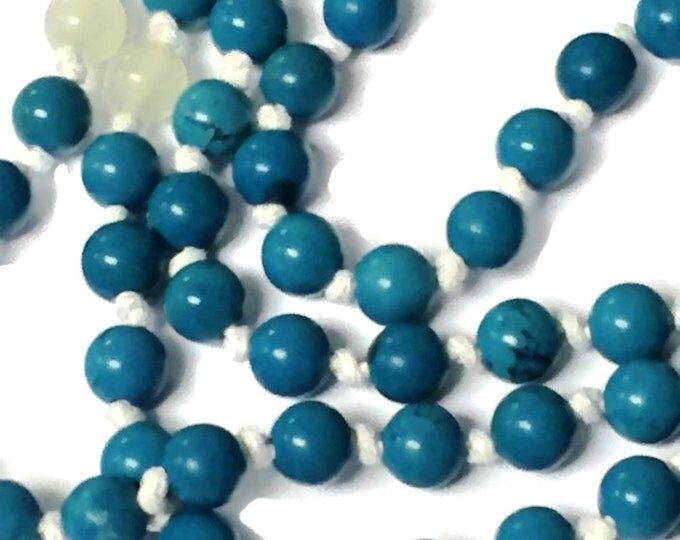 Natural Sinkiang Turquoise Mala Necklace | 108 Bead Hemp Cord Mala w Natural Jade Stone & Buddha Guru Bead | Gold Tassel Unique Gift Mom