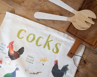 Cocks Tea towel - Funny Cockerel Cockatoo Peacock textile - TT03