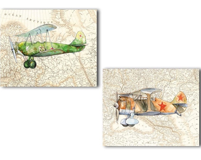 Airplane old map decor Set of 14 prints Military aircraft on vintage World's map Airplane poster Boys nursery wall decor Transportation art