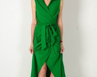 Maxi Casual dress emerald cocktail dress shirt Collar evening cross over dress cotton long summer dress shirt dress wraparound long shirt