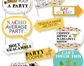Funny Let's Fiesta Mexican Party Photo Booth Props - Cinco de Mayo Party Photo Booth Prop Kit - Mexican Fiesta Selfie Photo Props - 10 pc.