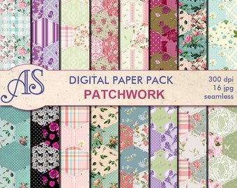 Digital Patchwork Quilt Fabric Seamless Paper Pack, 16 printable Digital Scrapbooking papers, Fabric Collage, Instant Download, set 202