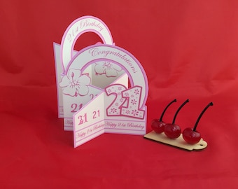 Girls 21st birthday card, 3D cascade key of the door pink flowers