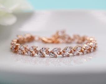 Rose Gold Bracelet, Wedding Bracelet, Rose Gold Jewelry, Rose Gold Bridal Bracelet Jewelry, Crystal Rose Gold Bracelet 483226319