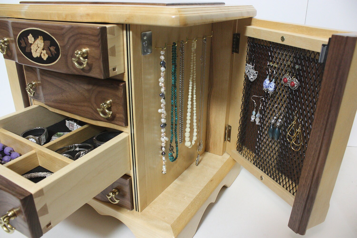 Handmade Walnut Jewelry box with Necklace Holder For Sale