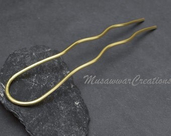 Simple Hair Fork, Brass Hair u shape, brass Hair Stick, Thick gauge Brass Hair fork,brass wavy Hair fork.