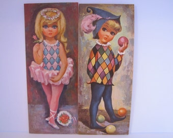 Vintage Litho Prints of 2 Harlequin Children By Goji (D.A.C. NY)