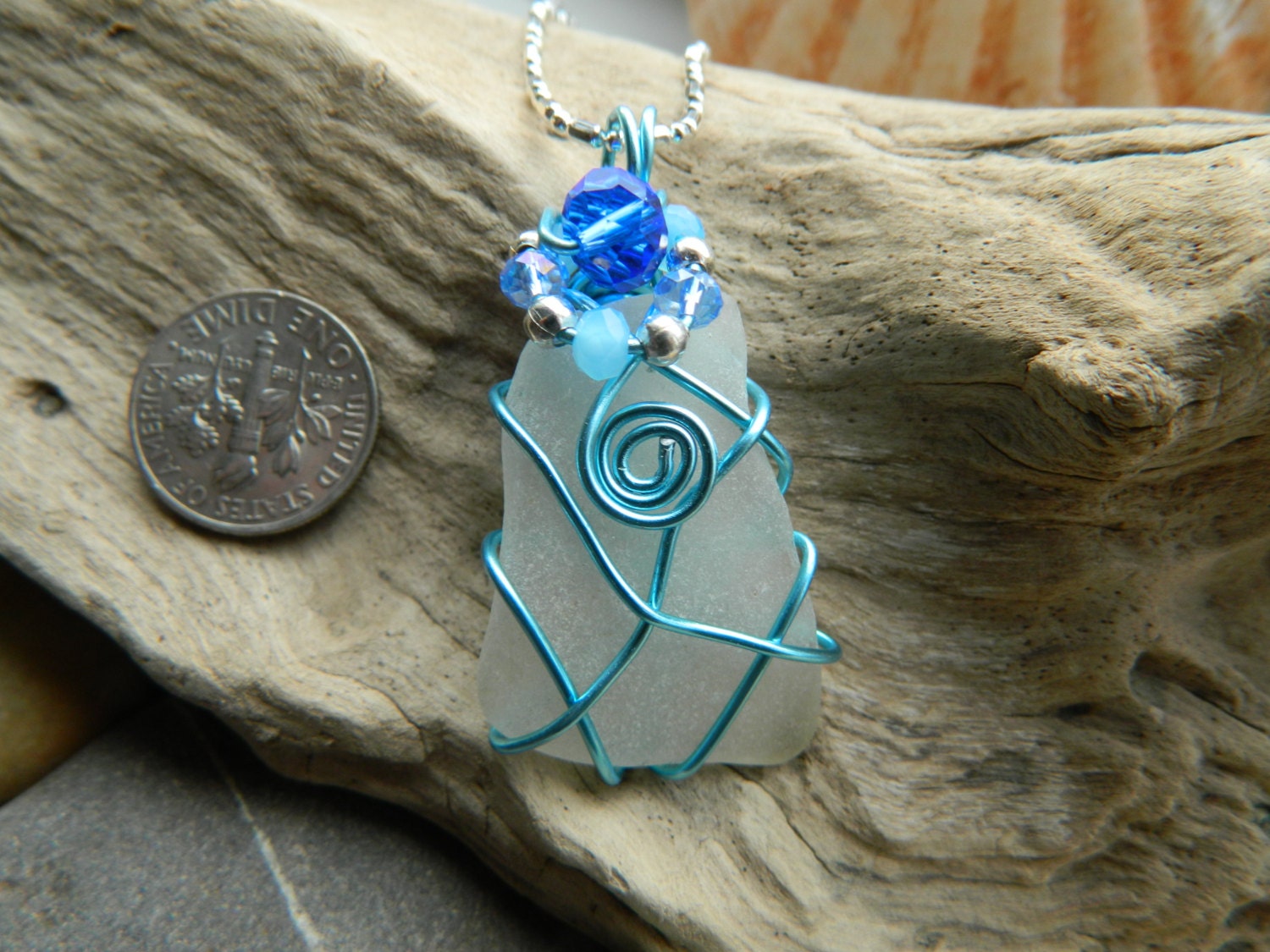 Wire wrapped sea glass necklace with beads