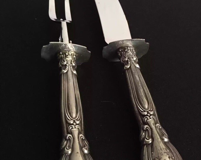 Storewide 25% Off SALE Vintage Buckingham 1910 Gorham Sterling Silver French Blade Carving Knife & Meat Fork Set Featuring Timeless Inscribe