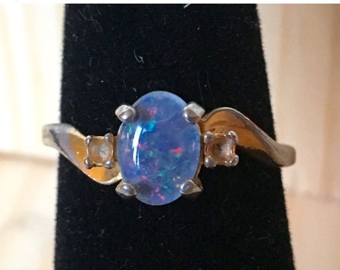 Storewide 25% Off SALE Vintage 18k Heavy Gold Electroplate Speckled Cabochon Designer Cocktail Ring Featuring Iridescent Blue Center