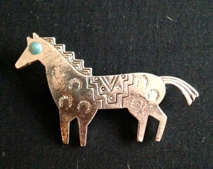 Storewide 25% Off SALE Vintage Silver Tone Riding Horse Style Designer Animal Brooch Pin Featuring Blue Turquoise Inspired Eye With Elegant