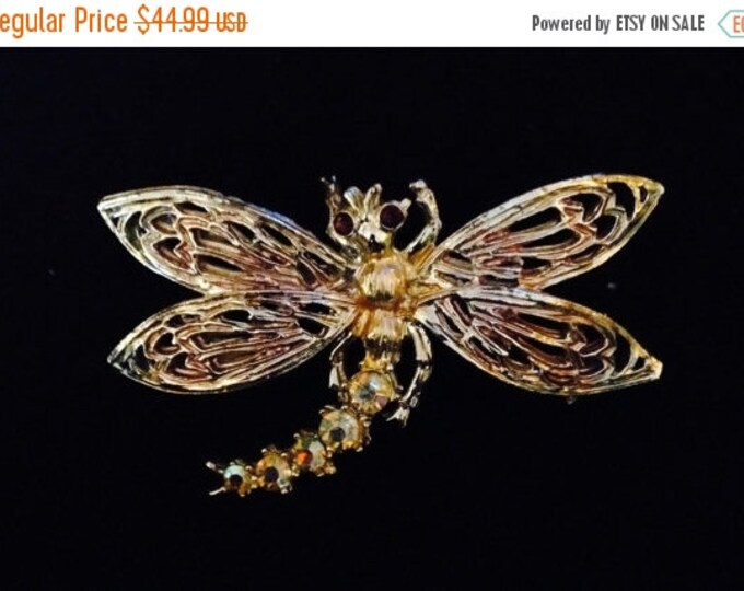 Storewide 25% Off SALE Enchanting Vintage Silver Tone Diamond Inspired Marcasite Dragonfly Brooch Featuring Ruby Red Exquisite Rhinestone Em