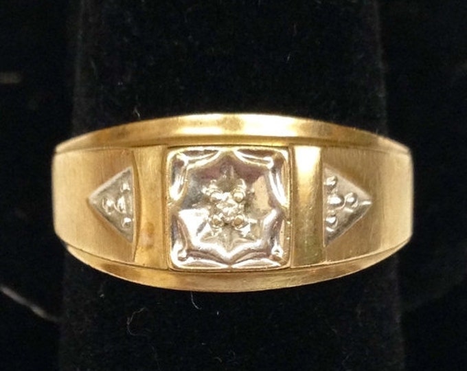 Storewide 25% Off SALE Vintage Heavy 10k Solid Gold Men's Diamond Wedding Ring Featuring Triangular Platinum Baguette Design