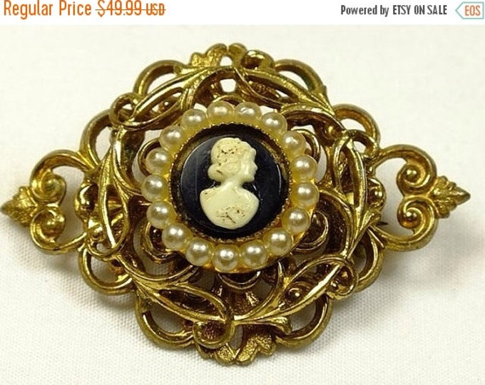 Storewide 25% Off SALE Vintage Bronze Tone CORO Designer Signed Victorian Revival Cameo Brooch Featuring Faux Pearl Garland Trim With Multi