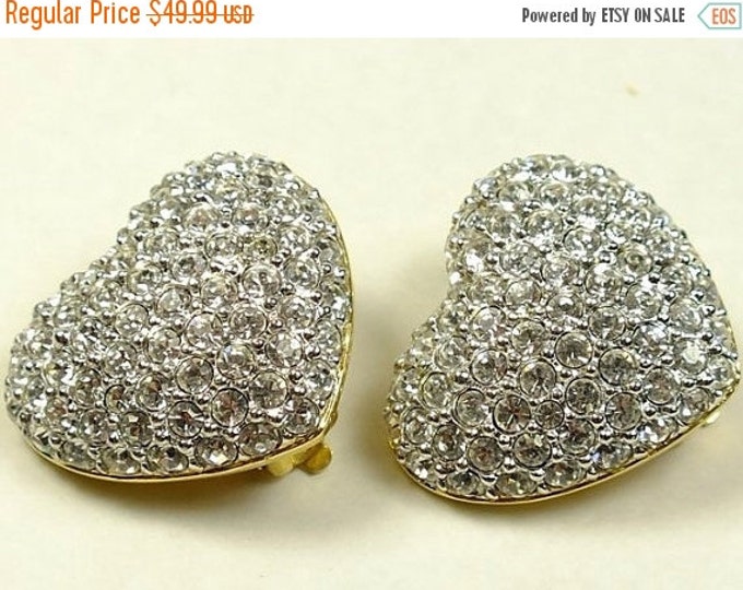 Storewide 25% Off SALE Beautiful Vintage Diamond Encrusted Gold Tone Heart Shaped Clip Earrings Featuring Beautiful Shimmering Style