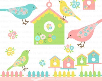 Bird / Bird Garden / Bird House / Flower / Garden Fence Clip Art - Instant Download - CA087