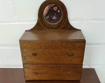 Handmade dressing table dolls house furniture / apprentice piece with circular mirror vintage 2 drawer wooden dresser tallboy