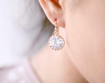Bridal Jewelry Bridesmaid Earrings, Crystal Wedding Earrings, Round Cubic Zirconia Drop Gold Earrings, Bridesmaid Gift, Bridal Earrings