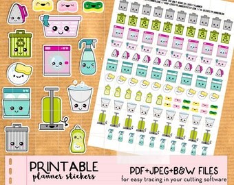 Kawaii Cleaning Home Chores Stickers set - Printable Planner stickers, Print and Cut stickers for Happy Planner, Filofax, Erin Condren...
