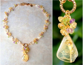 Citrine Cluster Necklace.Multi Gemstone.Statement.Bridal.Amethyst.Peridot.Yellow.Mother's.Birthday.Pastel.Beaded.Pendant.Gift.Handmade.