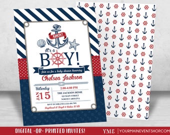 Nautical Baby Shower Invitation - Beach Boy Baby Shower - Ahoy It's a Boy - Anchor Invite # 023
