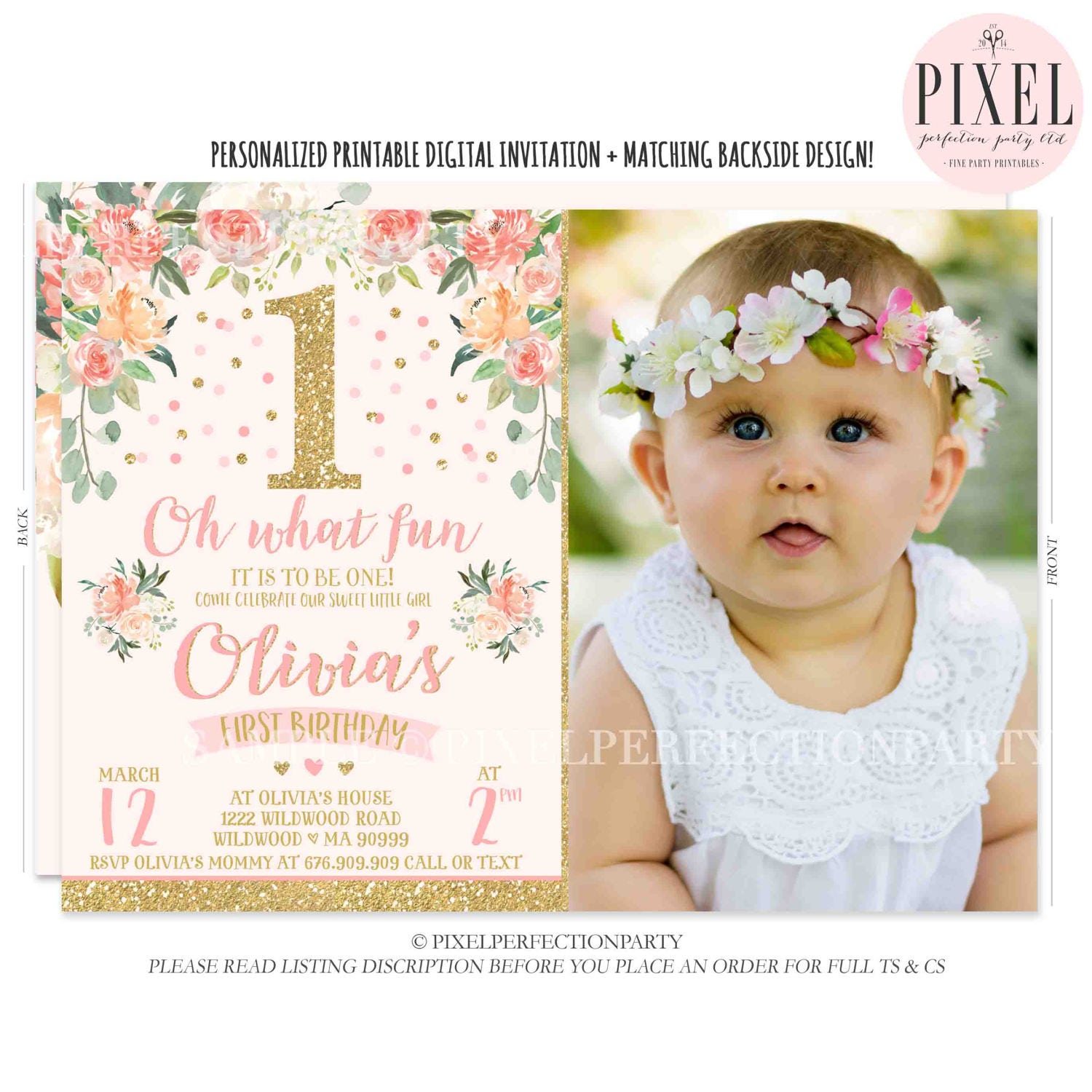 Girl 1st Birthday Invitation Floral Blush Pink Gold 1st