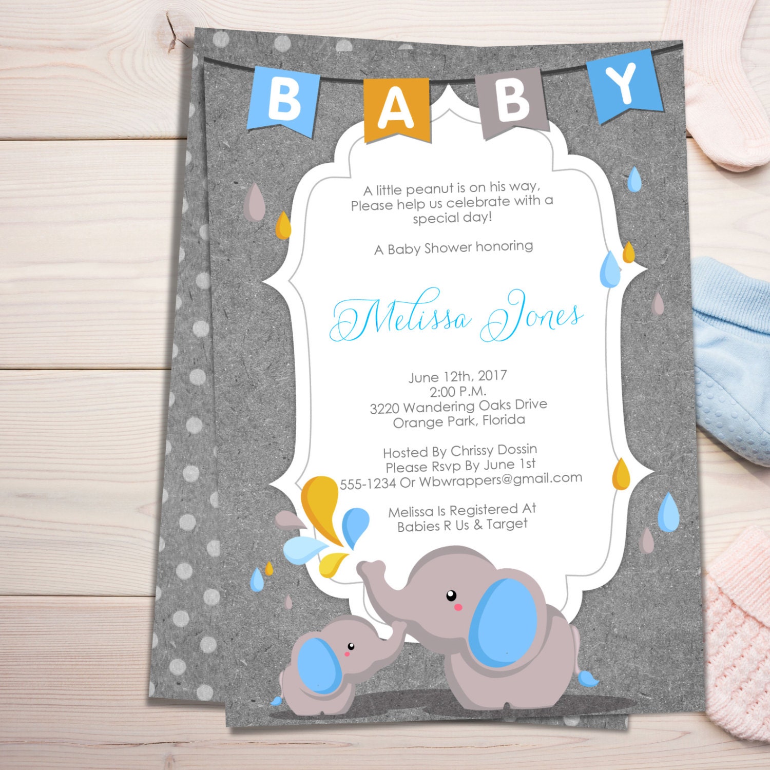 Baby Elephant Themed Baby Shower Invitation TEMPLATE Blue