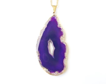 Agate Slice Necklace - Purple Geode Slice Necklace geode pendant Purple agate jewelry christmas gift for her boho gift for women gold plated