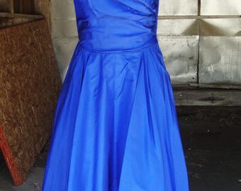 Vintage 1950's Cobalt Blue Silk Full Skirt Dress * Size X-Small
