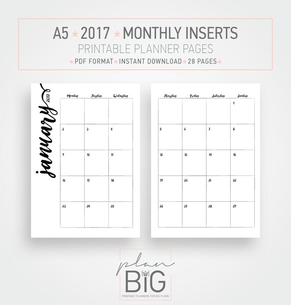 2017 Printable Planner pages A5 Planner To do Month at a
