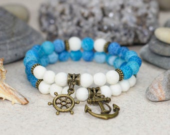 His-and-her bracelet Engagement gift-for-couple bracelet set Travel gift set Anchor bracelet Nautical jewelry Fashion bracelet Surf jewelry
