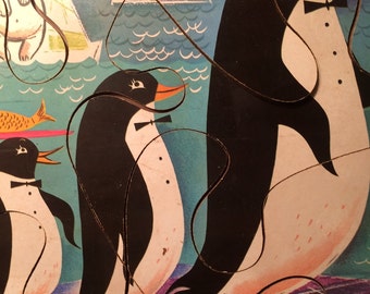 Vintage 1960s PLAYskool 6-piece preschool wooden puzzle. “Penguin Parade.”