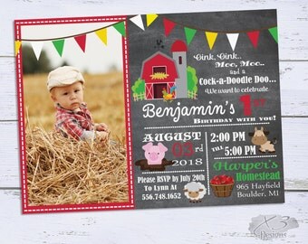 Printable Barnyard Birthday Invitations, Photo 1st Birthday Invitations, Farm Birthday Party Invitation, Boy First Birthday Invites
